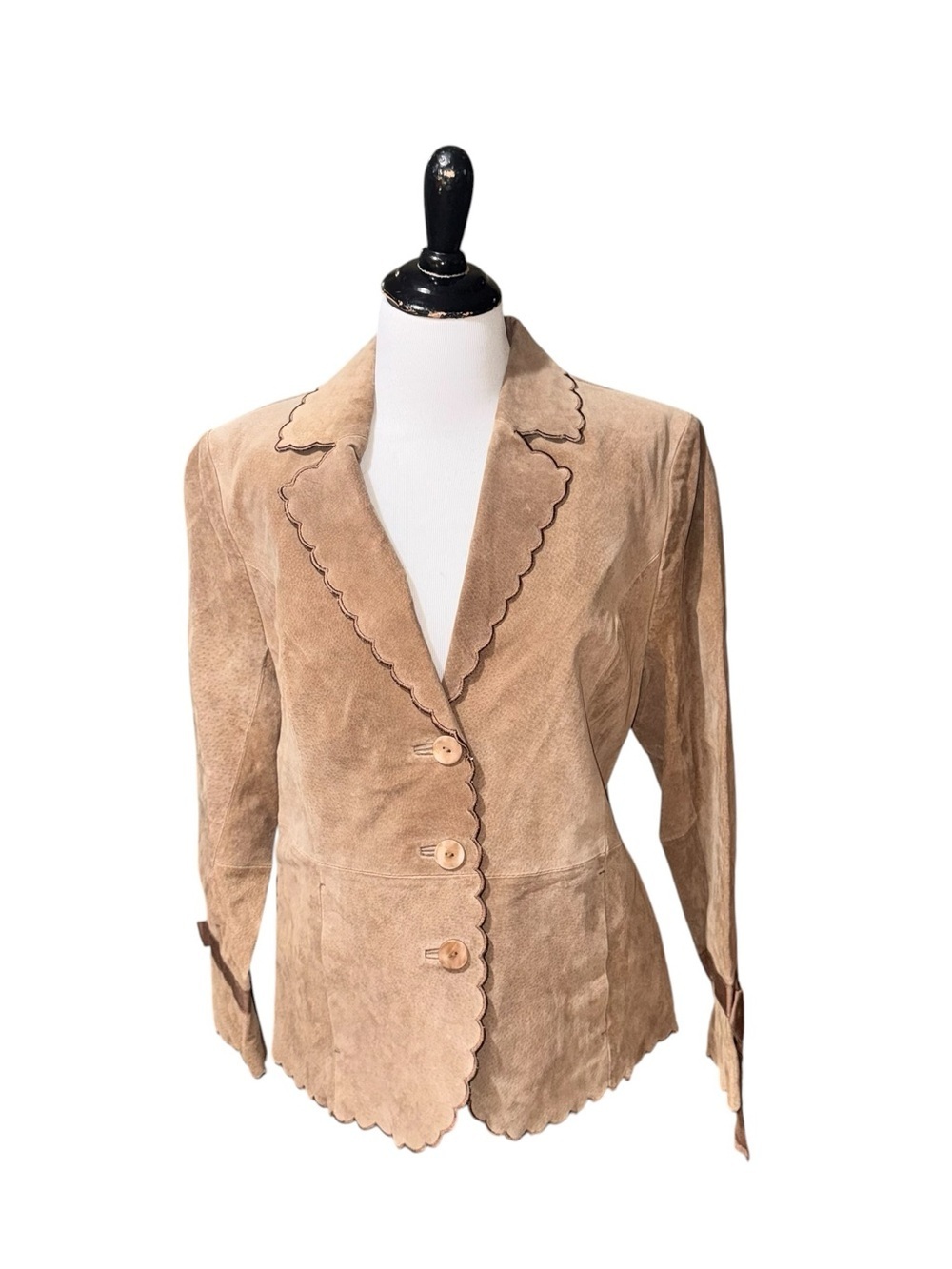 Terry Lewis Women's Petite Medium PM Suede Jacket Scalloped Hem Beige Sleeve Tie